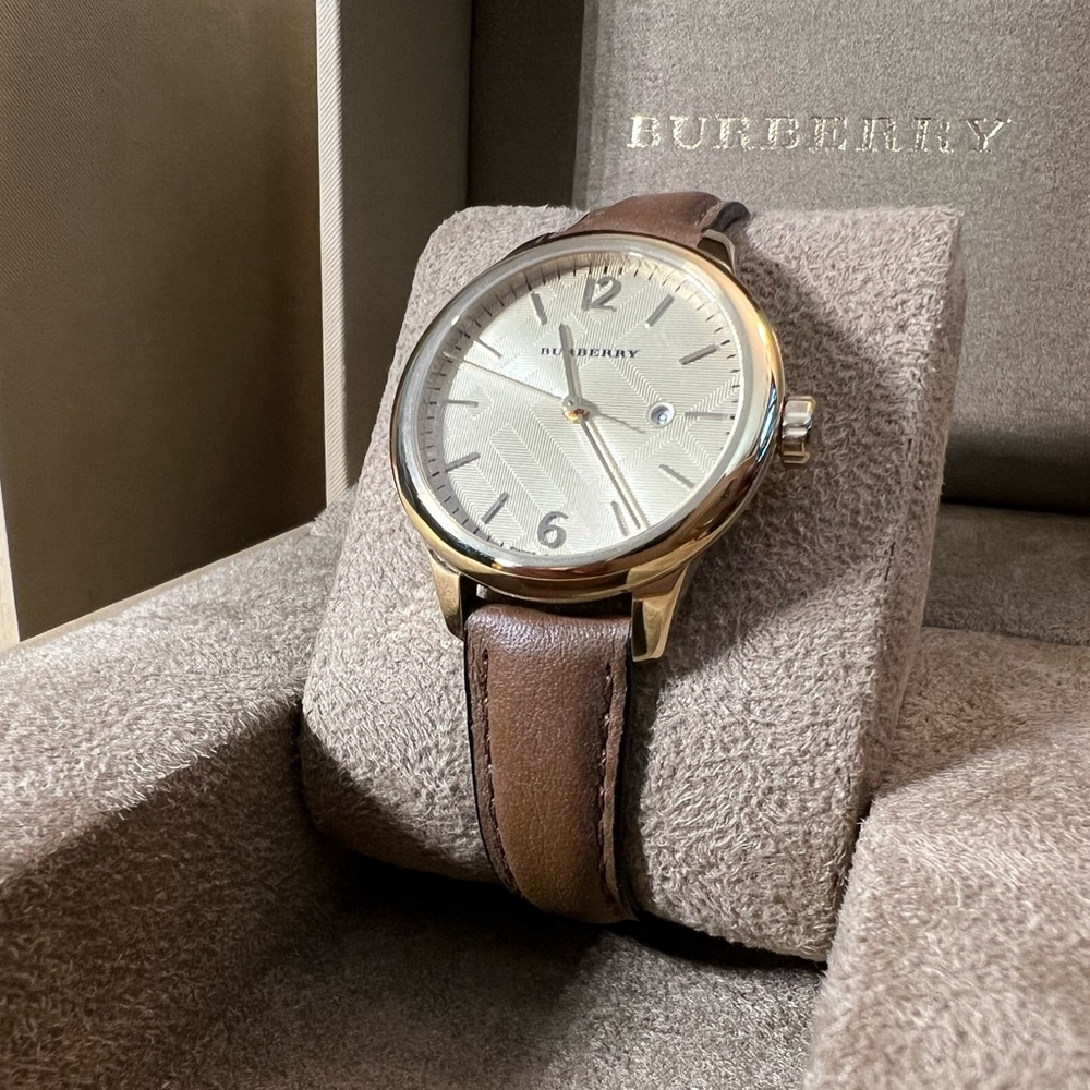 Burberry Champagne Check Stamped Dial Brown Leather Ladies Watch